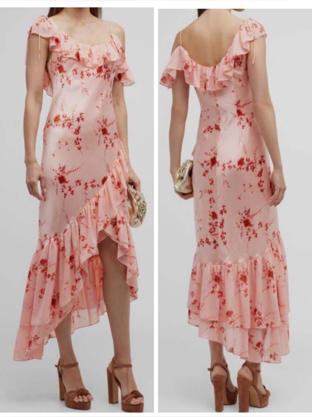 cinq a sept Pink Floral Ruffle Midi Dress